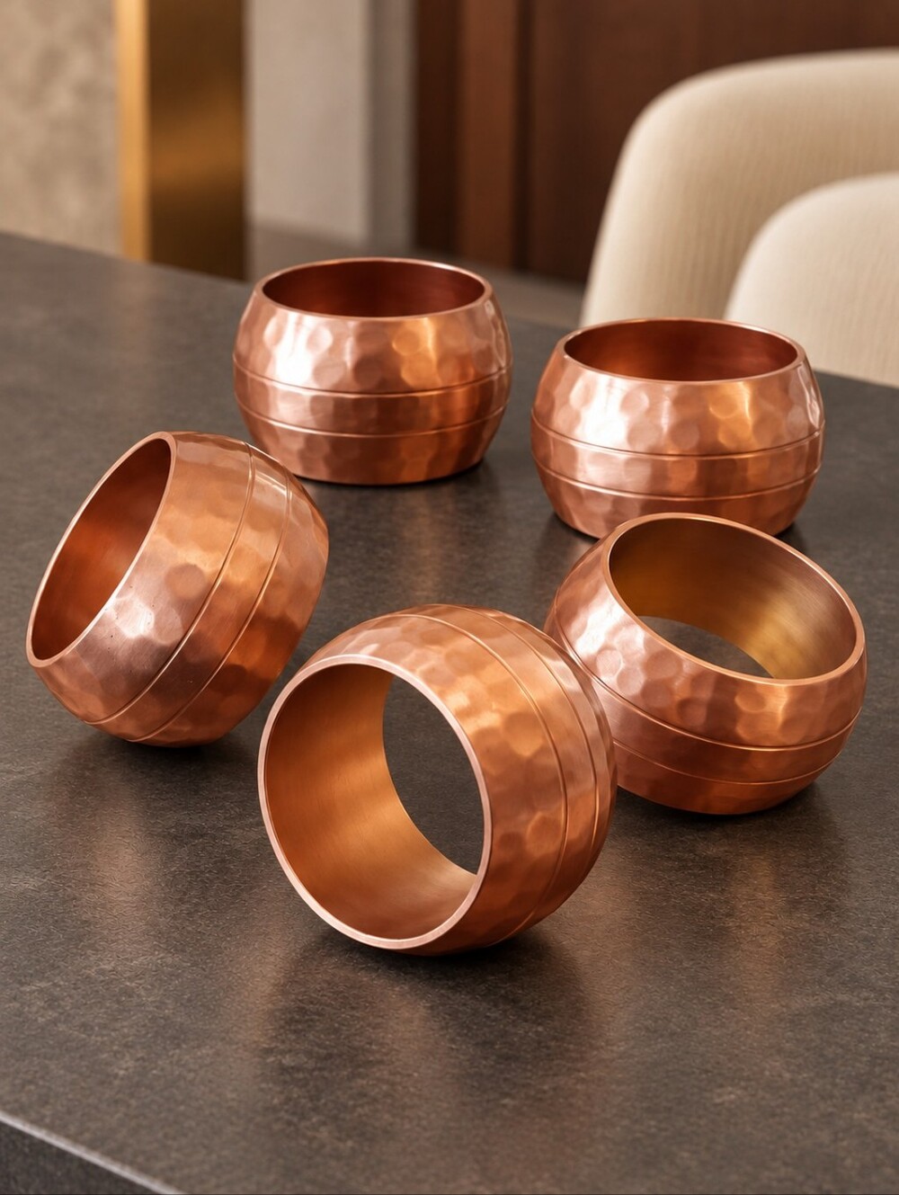 Hammered Copper Tone Napkin Rings Set of 5 Metal Table Decor